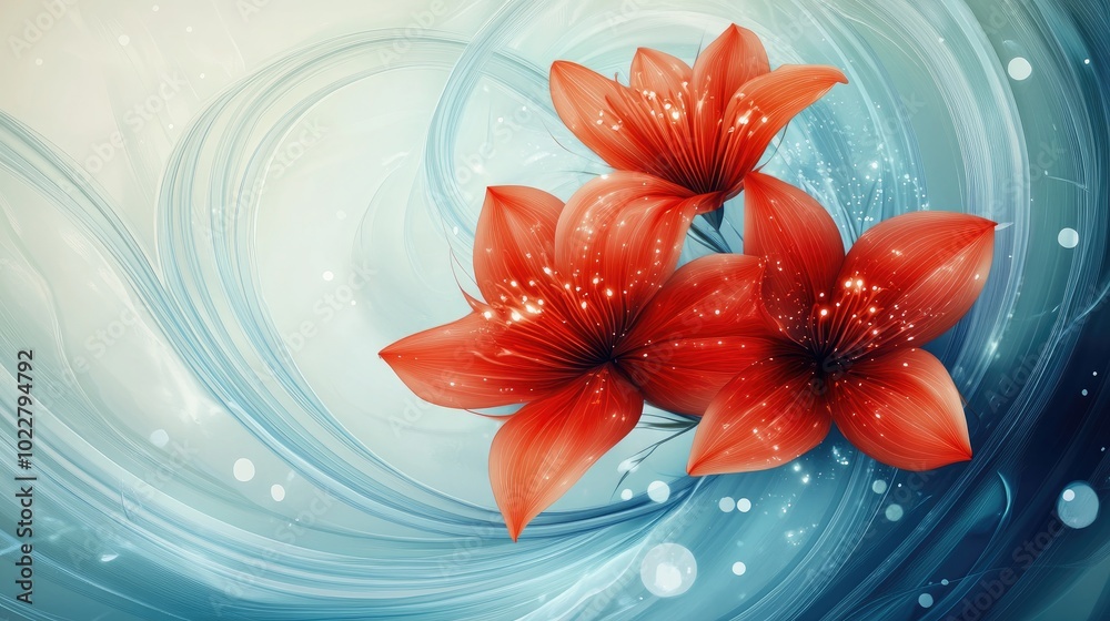 Aufkleber abstract illustration of vibrant red fantasy flowers set against a blue and white backdrop featuring