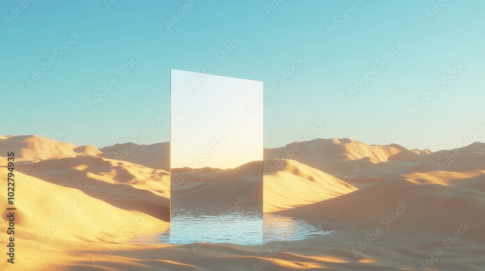 Poster 3d render of an abstract panoramic background featuring a desert landscape with sand water and a squ