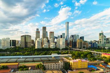 Fototapeta premium Magnificent view of the skyline of Beijing CBD (Central Business District) at sunset