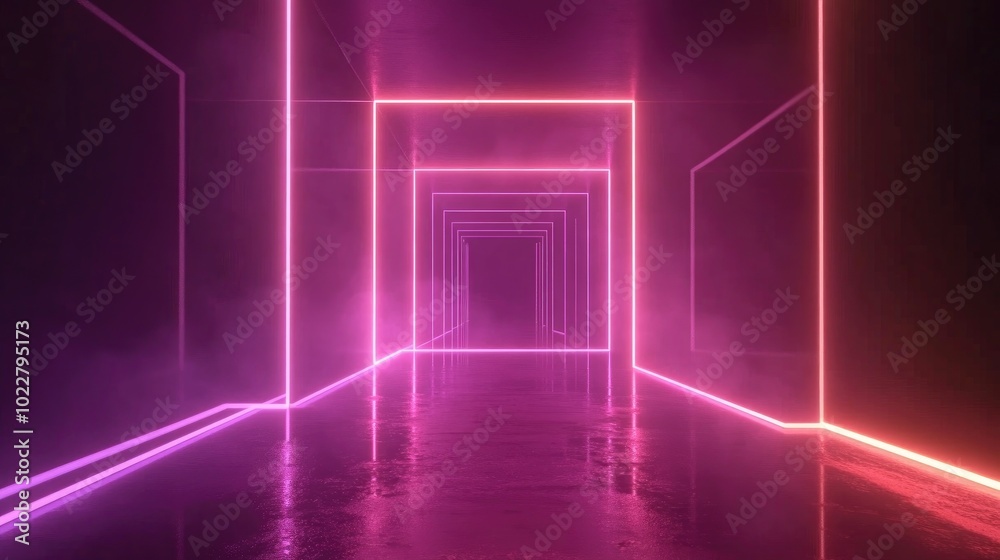 Aufkleber 3D render of an abstract minimal geometric background featuring glowing neon lines Illumination from a stage laser show with blank rectangular shapes and square frames creating a virtual reality e