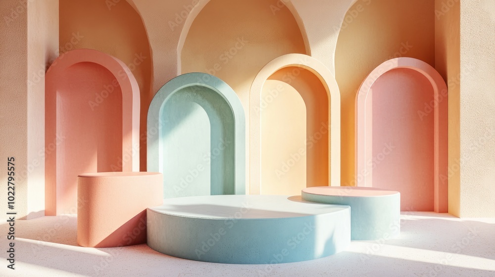 Aufkleber Abstract mockup scene featuring a pastel colored geometric shape podium background for product presentation 3D rendering