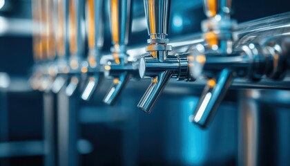 Fototapeta premium Close-up of shiny beer taps in a bar, with vibrant reflections and a modern design.