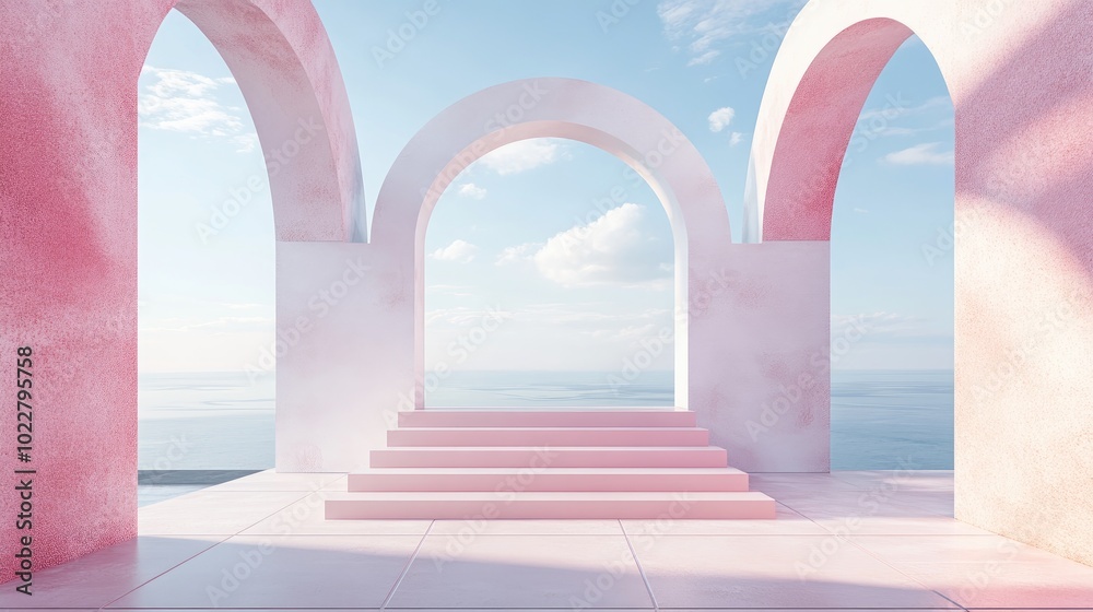 Poster 3d rendering of a white and pink podium in a square featuring geometric stair shapes and an arch des