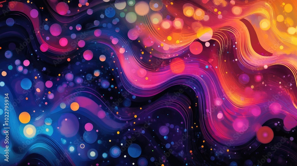 Aufkleber Abstract psychedelic waves background featuring vibrant pop dots and deep colors creating a fantastical texture