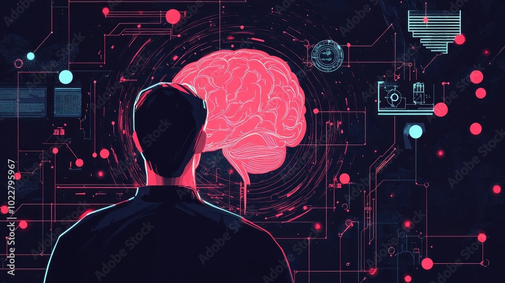 Aufkleber Abstract Neurotechnology And Digital Network Man In Laboratory Exploring Brain Potential Computers And Ai Robotics Mind Control Intelligence