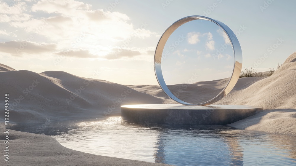 Poster architectural arrangement in a surreal landscape featuring water a glossy portal and an empty podium