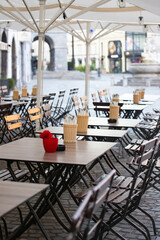 Cozy terrace with tables of cafe in Ljubljana, Slovenia