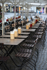 Cozy terrace with tables of cafe in Ljubljana, Slovenia
