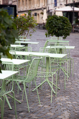 Cozy terrace with tables of cafe in Ljubljana, Slovenia