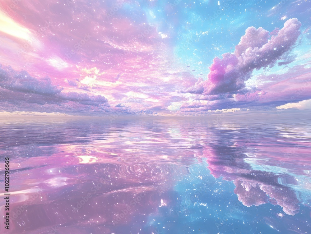 Poster animated pastel galaxy reflection on water featuring digital art 3d illustrations and fantasy themed