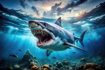 Naklejka premium Stunning Megalodon Fossil Discovery Showcasing the Ancient Predator's Impressive Size and Teeth