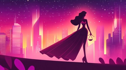 A silhouette of a stylish woman in a flowing gown against a vibrant city skyline at dusk.