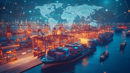 Fototapeta premium A vibrant hub of global trade: A bustling container port illuminated by the night sky.