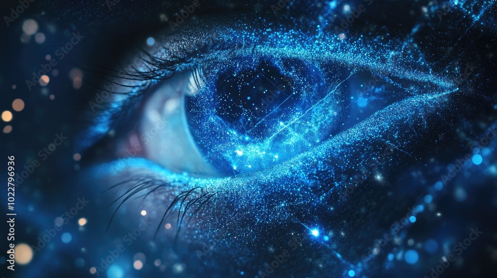 Poster Abstract illustration featuring symmetrical blue glowing lines and particle glitter designed in the shape of an eye
