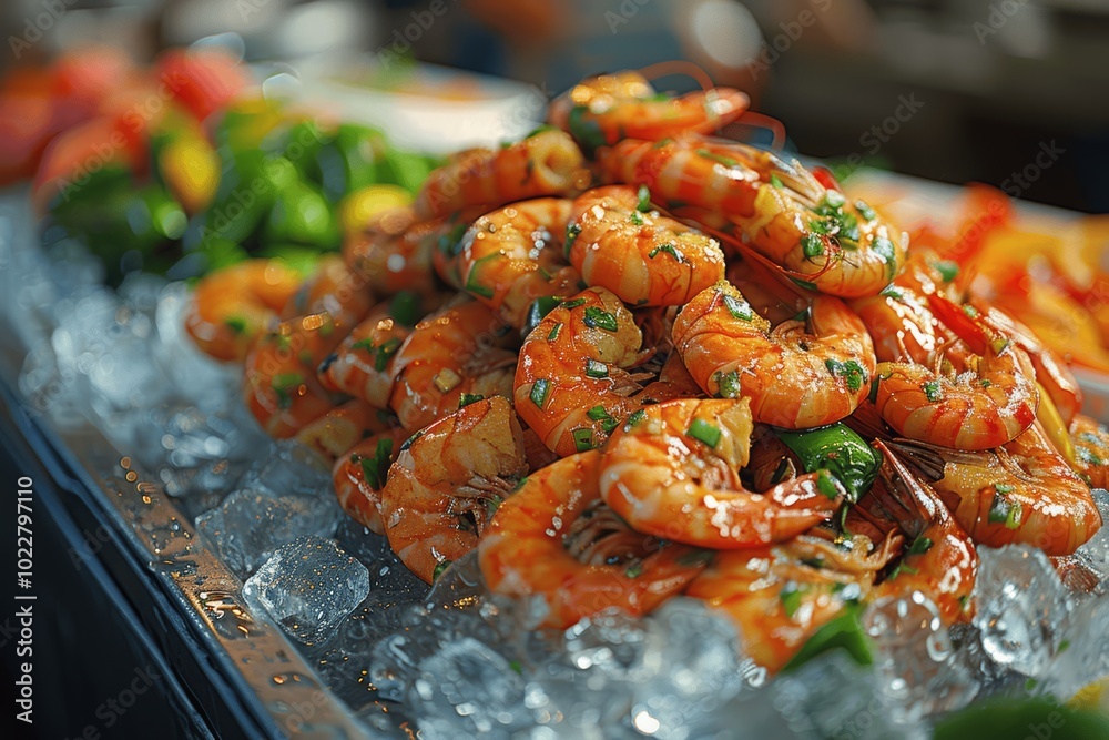 Wall mural fresh shrimp and green peppers on ice tray at street food market in yaowarat, bangkok