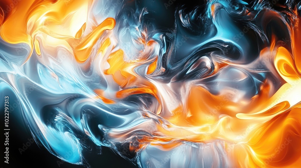 Aufkleber Abstract fantasy shapes of flame and fractured ice on a black backdrop Computer generated fractal art in shades of orange blue yellow and white