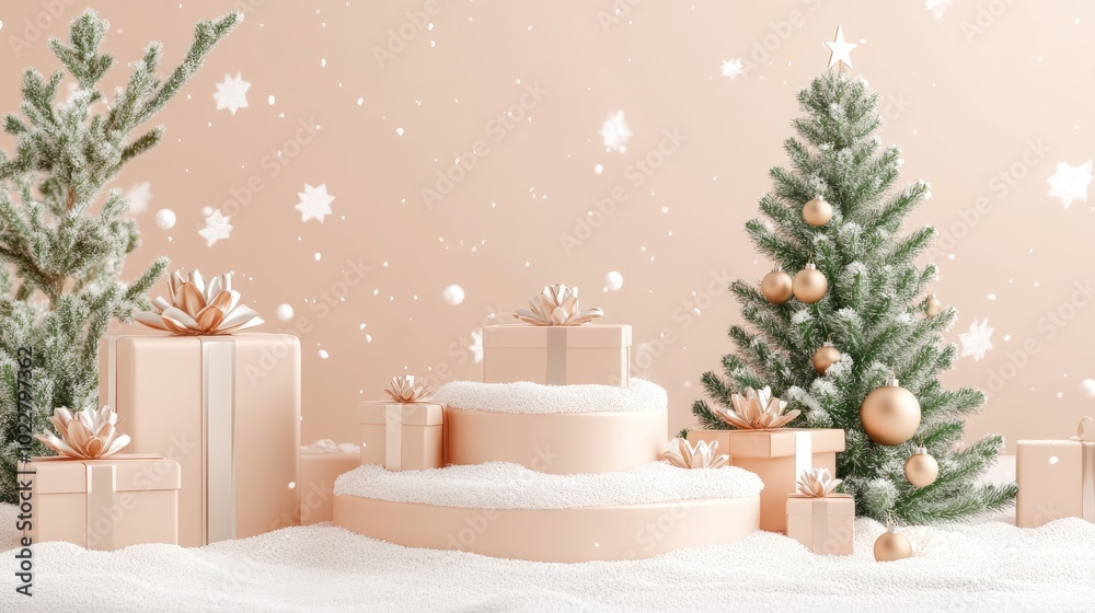 Poster christmas display podium for branding and packaging presentation featuring gift boxes a tree and sno