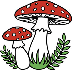 Fairy Tale Mushrooms with Green Leaves and Grass Illustration