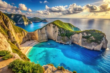 Fototapeta premium Stunning Navagio Beach with Crystal Clear Waters and Dramatic Cliffs on Zakynthos Island, Greece
