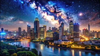 Fototapeta premium Stunning Night Skyline Over a Vibrant Cityscape with Dazzling Lights and Starry Sky Above