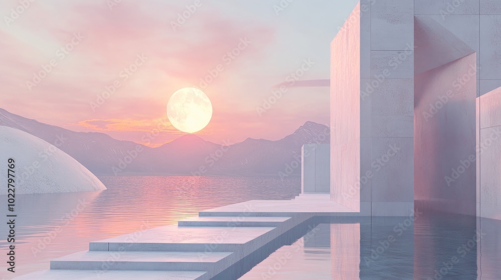Poster 3D rendered abstract surreal pastel landscape featuring architectural elements and geometric shapes complemented by a beautiful gradient sky and a tranquil lake embodying a minimalist concept