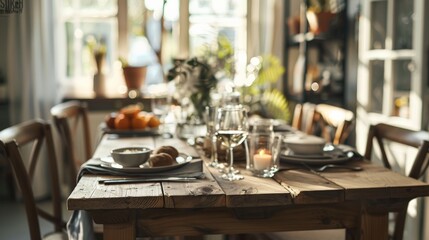 Fototapeta premium A rustic dining table set with simple yet elegant decor, ready for a hyggelig meal
