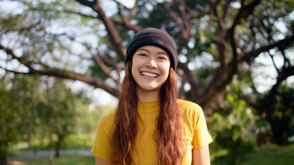 Go green culture Gen z asia people young adult woman curly hair enjoy cheerful relax toothy smile...