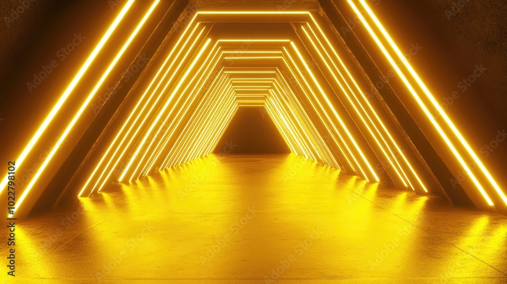 Poster 3d rendering of a yellow neon glowing spaceship corridor designed for advertising showrooms technolo