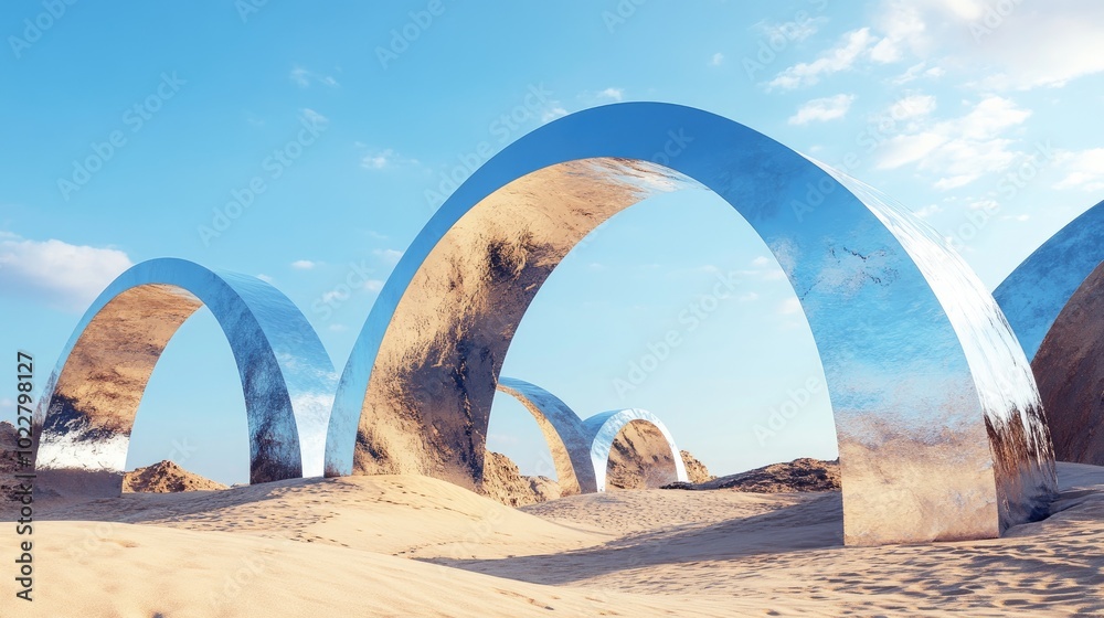 Poster abstract sandy dune cliffs featuring metallic arches set against a clear blue sky surreal minimalist