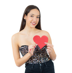 Young woman with a smile holds a heart-shaped figure in her hands over transparent background.