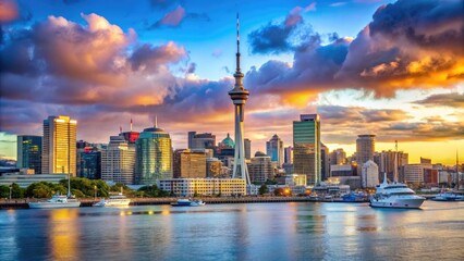 Obraz premium Stunning panoramic view of Auckland skyline with the iconic Sky Tower and serene waterfront scenery