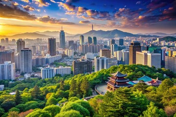 Stunning panoramic view of a vibrant Korean city skyline with modern architecture and lush greenery