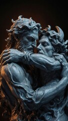 Black and white photo of classical male sculptures embracing, intricate muscular details