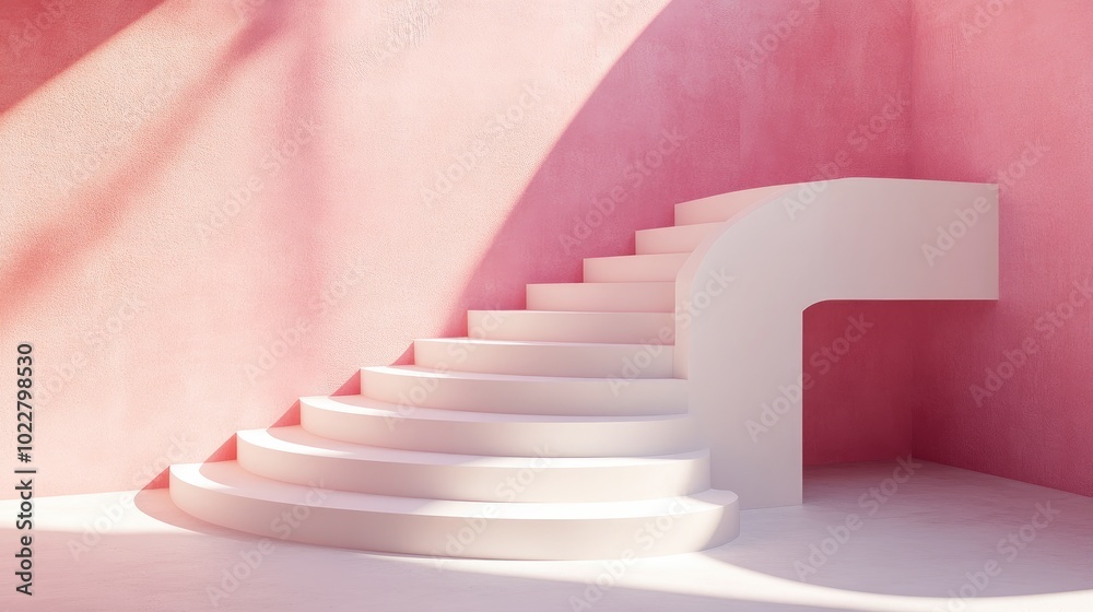 Poster 3D rendering of an abstract minimalistic background featuring pink and white stairs with a podium in pastel shades