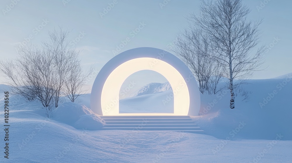 Poster Abstract winter landscape featuring geometric shapes an arch with a podium illuminated by natural light Minimalistic and surreal background 3D rendering