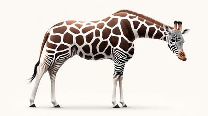 Fototapeta premium Digitally created animal hybrid combining the body of a giraffe and the head and legs of a zebra against a plain background.