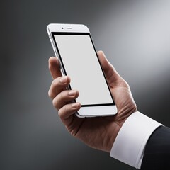 Close-up of a businessman hand holding a smartphone white screen is blank the background is blurred.Mockup.