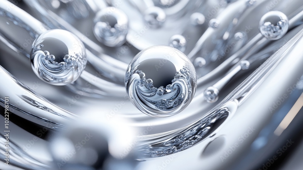 Poster 3D mural artwork featuring silver spheres against a stunning abstract background with volumetric elements textures and lines 3D illustration and rendering