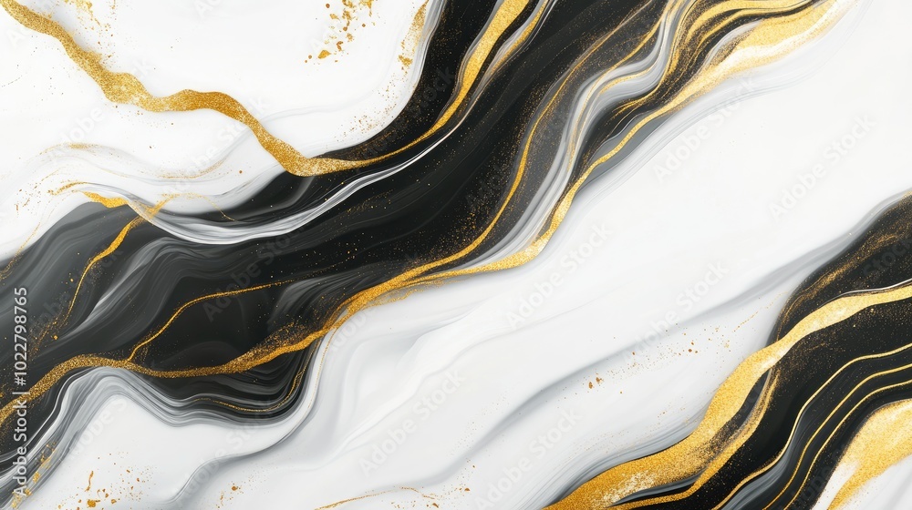 Poster abstract marble background design with luxury wave fractal textures in golden black and white fluid 