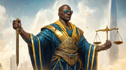 Fototapeta premium A powerful figure embodying justice, holding scales and a sword, symbolizing law and order.