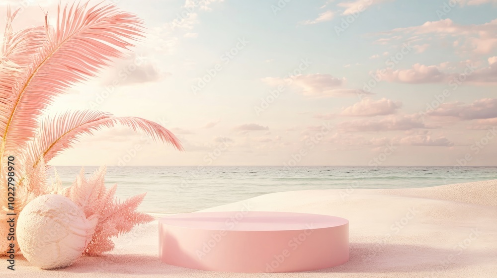 Poster 3D render of a minimal summer backdrop featuring an empty podium or pedestal platform designed for product display complemented by beach themed decorative elements for a cosmetic mock up scene