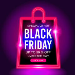 Black Friday neon banner sale. Black Friday neon background with 50 percent discount. Modern neon gift bag design. Vector illustration or shopping advertisement, retail sales and advertising campaign