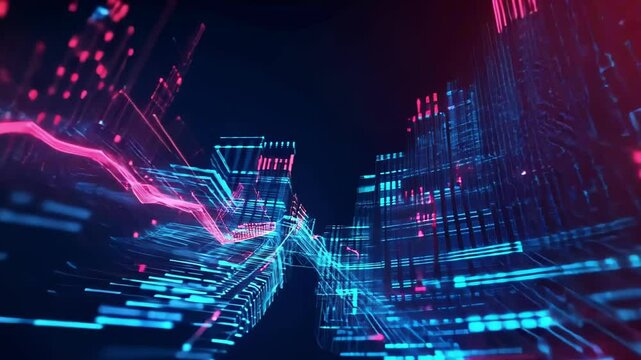 Abstract digital visualization with vibrant blue and pink patterns representing data flow.