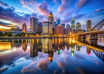Obraz premium Stunning Pittsburgh Skyline at Dusk with Illuminated Buildings and Reflections on the Water