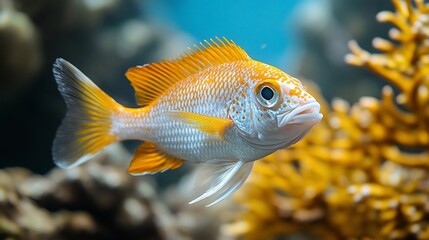 Obraz premium A vibrant yellow and white fish with orange fins swims near a coral reef in an aquarium.