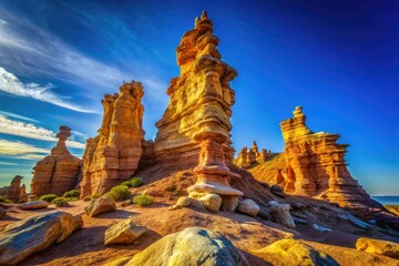 Naklejka premium Stunning Rock Tower Formation Against a Clear Blue Sky Showcasing Nature's Unique Geological Beauty