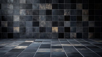 Black ceramic wall chequered and floor tiles mosaic background in bathroom, kitchen. Design pattern geometric with grid wallpaper texture decoration pool. Simple seamless abstract surface clean.