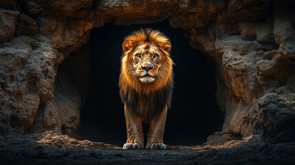 Obraz premium A majestic lion stands at the entrance of a cave, its piercing gaze directed at the viewer, with a dramatic lighting effect.