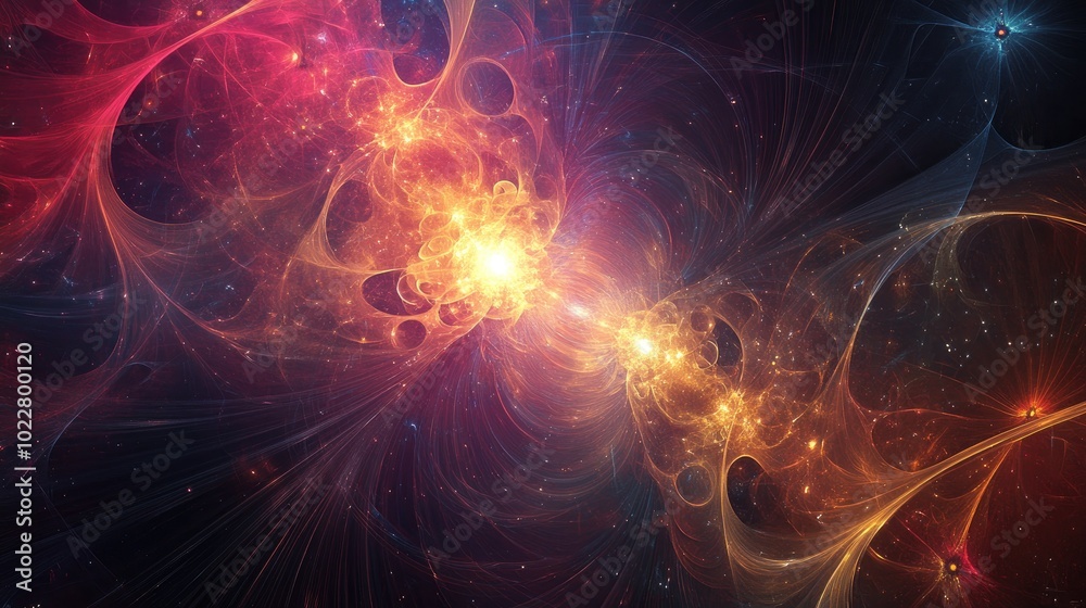 Poster Abstract fractal background featuring a fantastical textured design with chaotic patterns radiant flares and cosmic elements conveying luminosity and magic