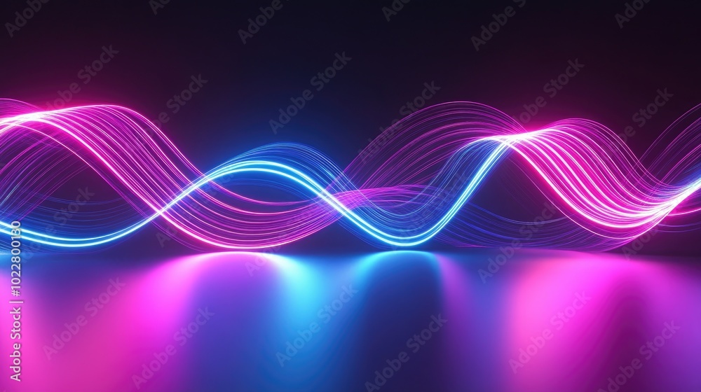 Poster 3D Abstract Background Wavy Lines With Glowing Stripes Motion Data Transfer Concept Telemetry Music Or Audio Visualization With Rays Blue Purple Neon Light